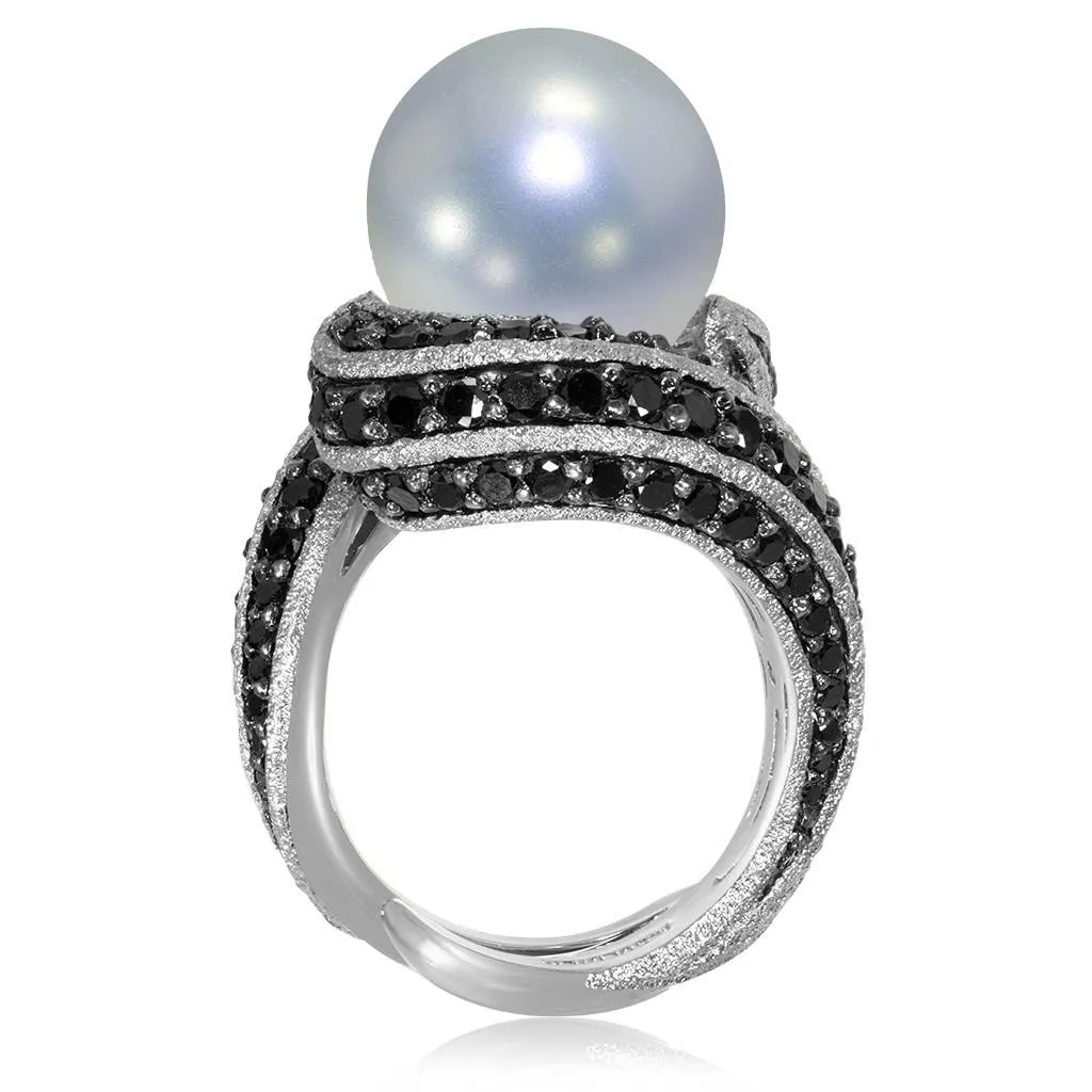 Gold Twist Ring With Freshwater Pearl & Diamonds