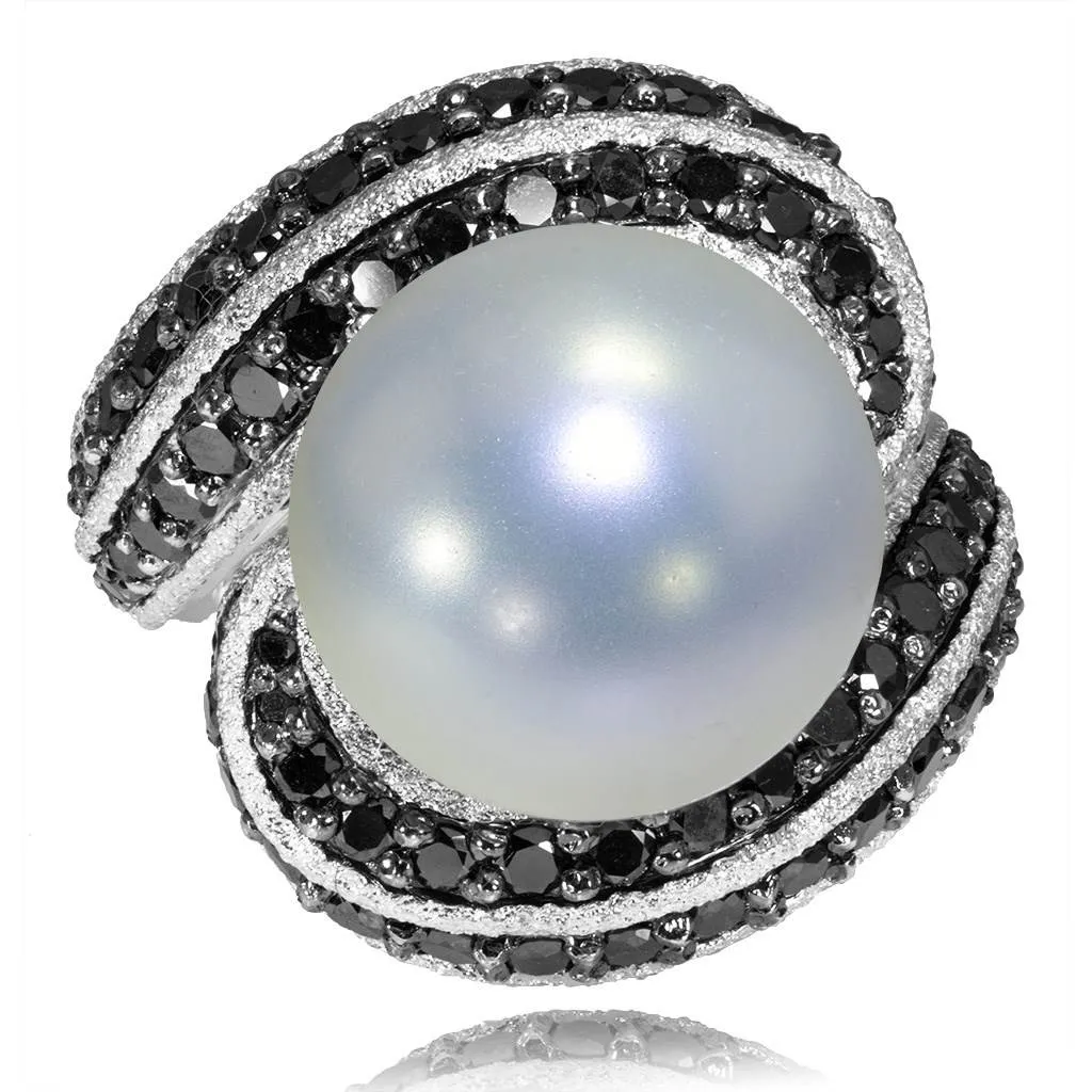 Gold Twist Ring With Freshwater Pearl & Diamonds