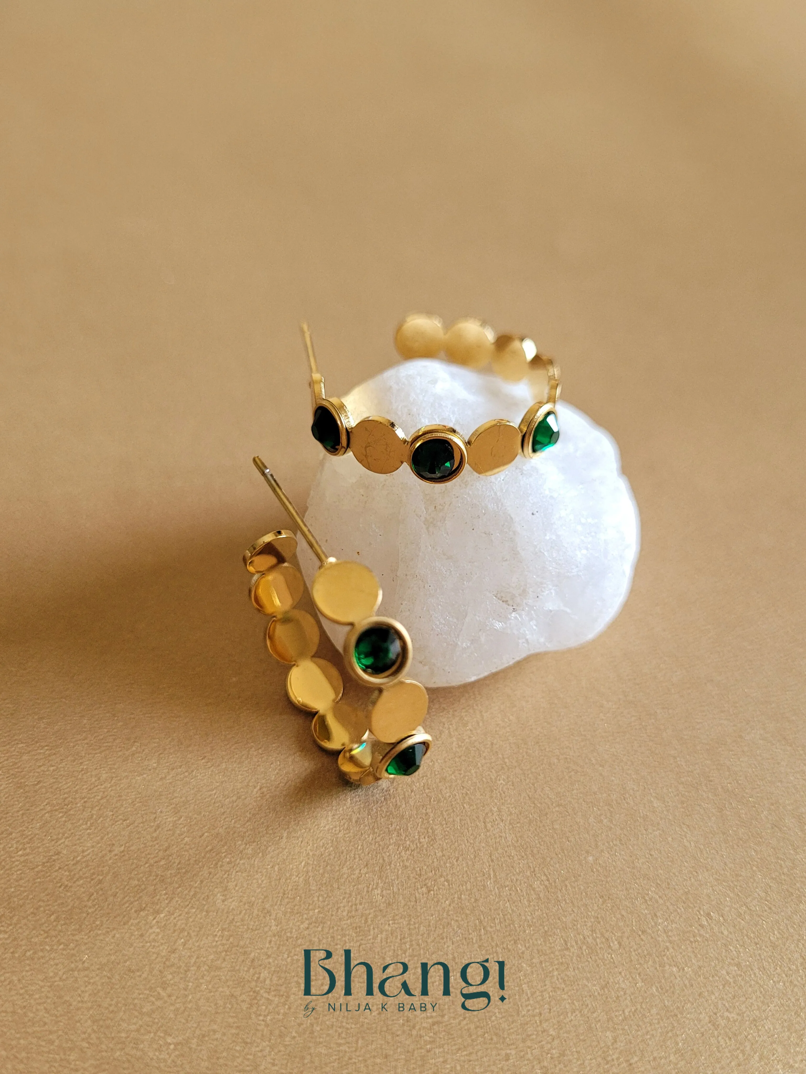 Green Stone & Gold Hoop Earrings
