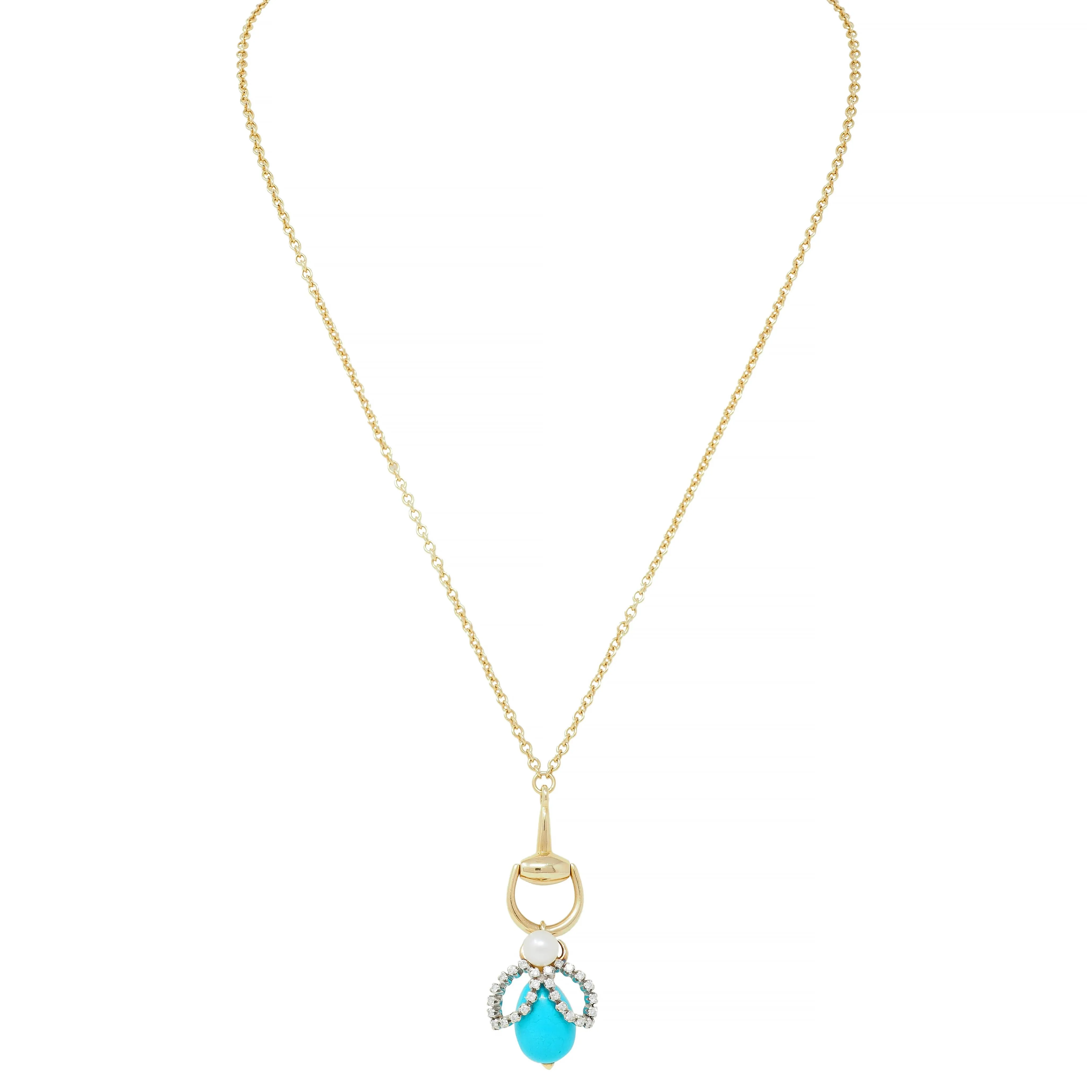 Gucci Turquoise Pearl Diamond Platinum 18 Karat Gold Horsebit Bee Pendant Necklace