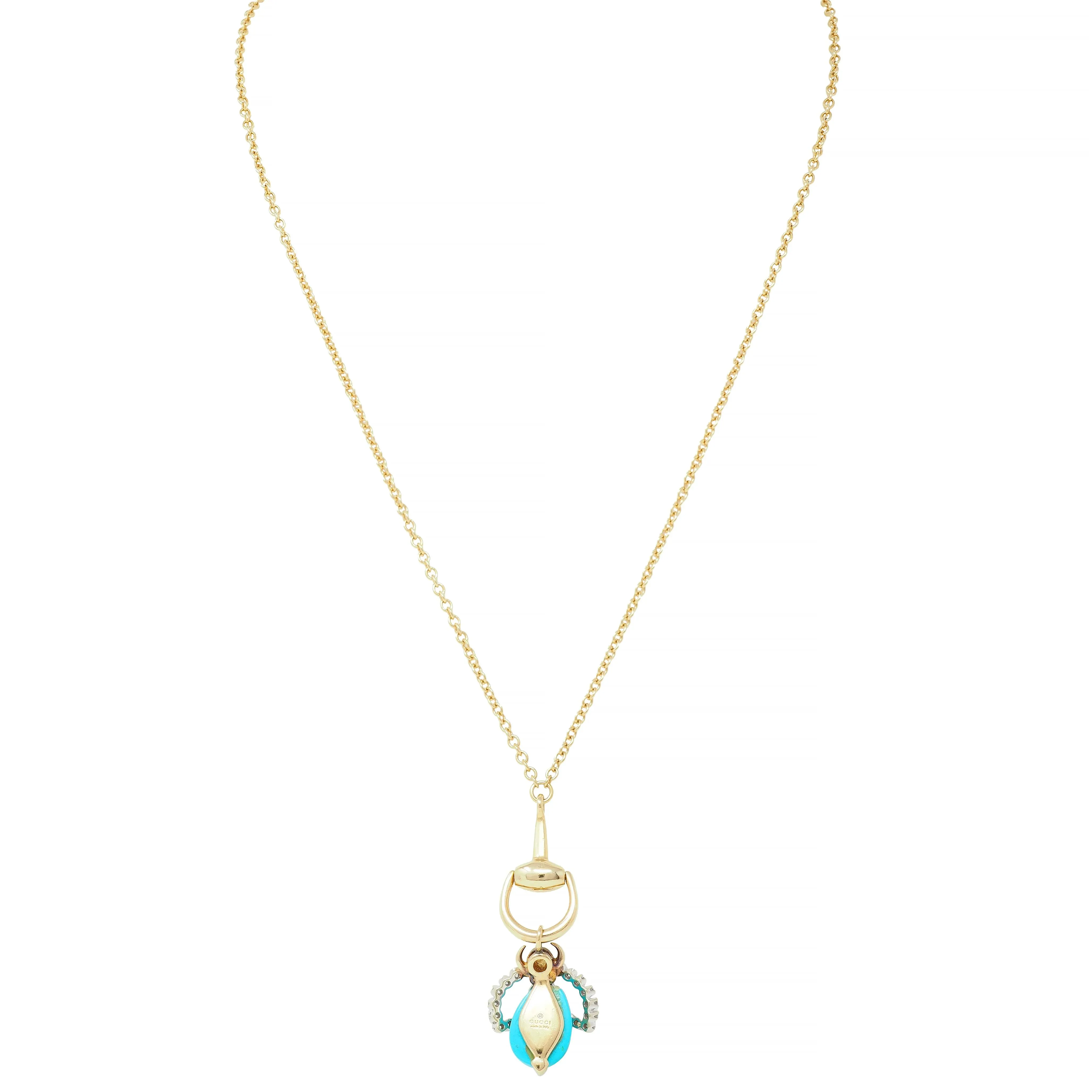 Gucci Turquoise Pearl Diamond Platinum 18 Karat Gold Horsebit Bee Pendant Necklace