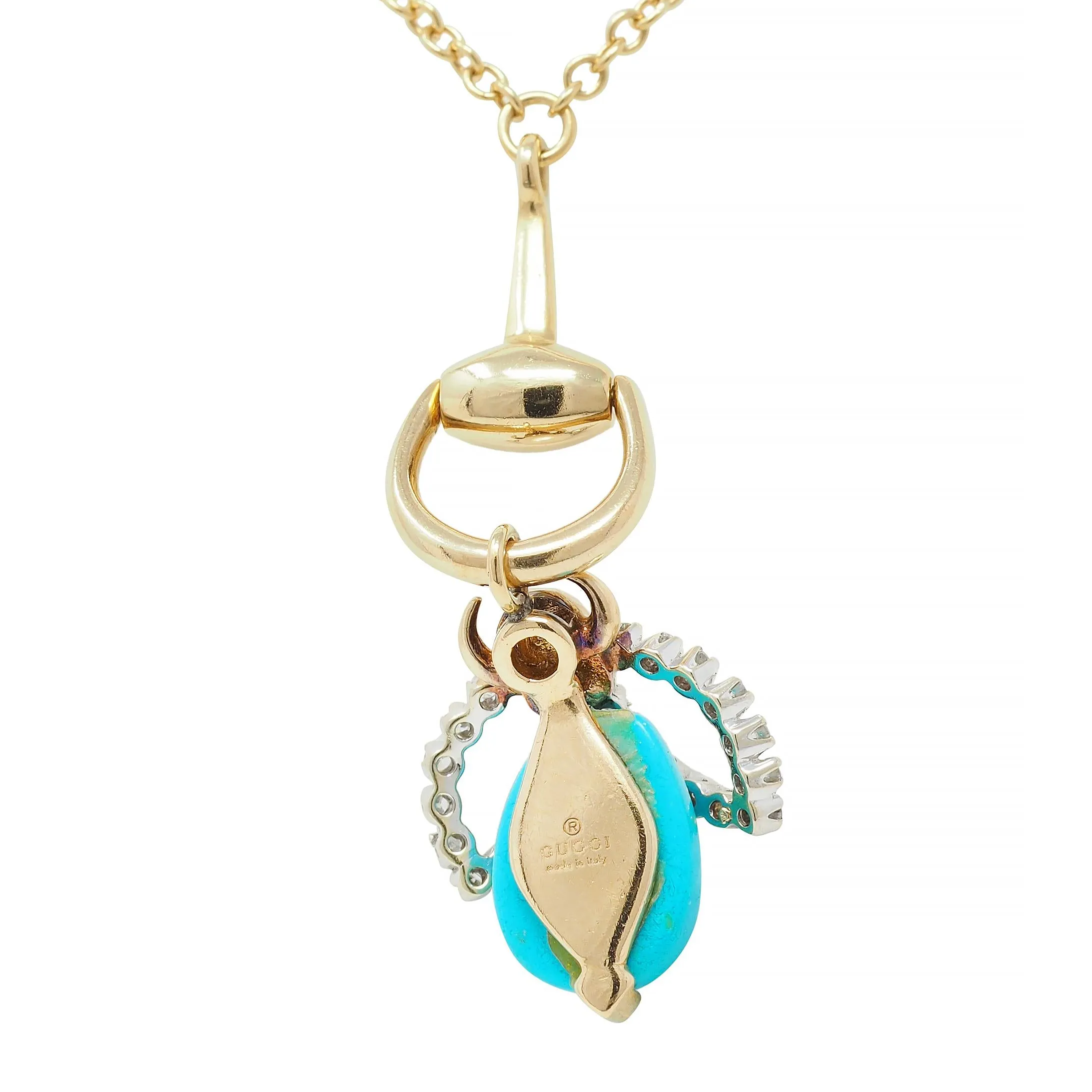 Gucci Turquoise Pearl Diamond Platinum 18 Karat Gold Horsebit Bee Pendant Necklace