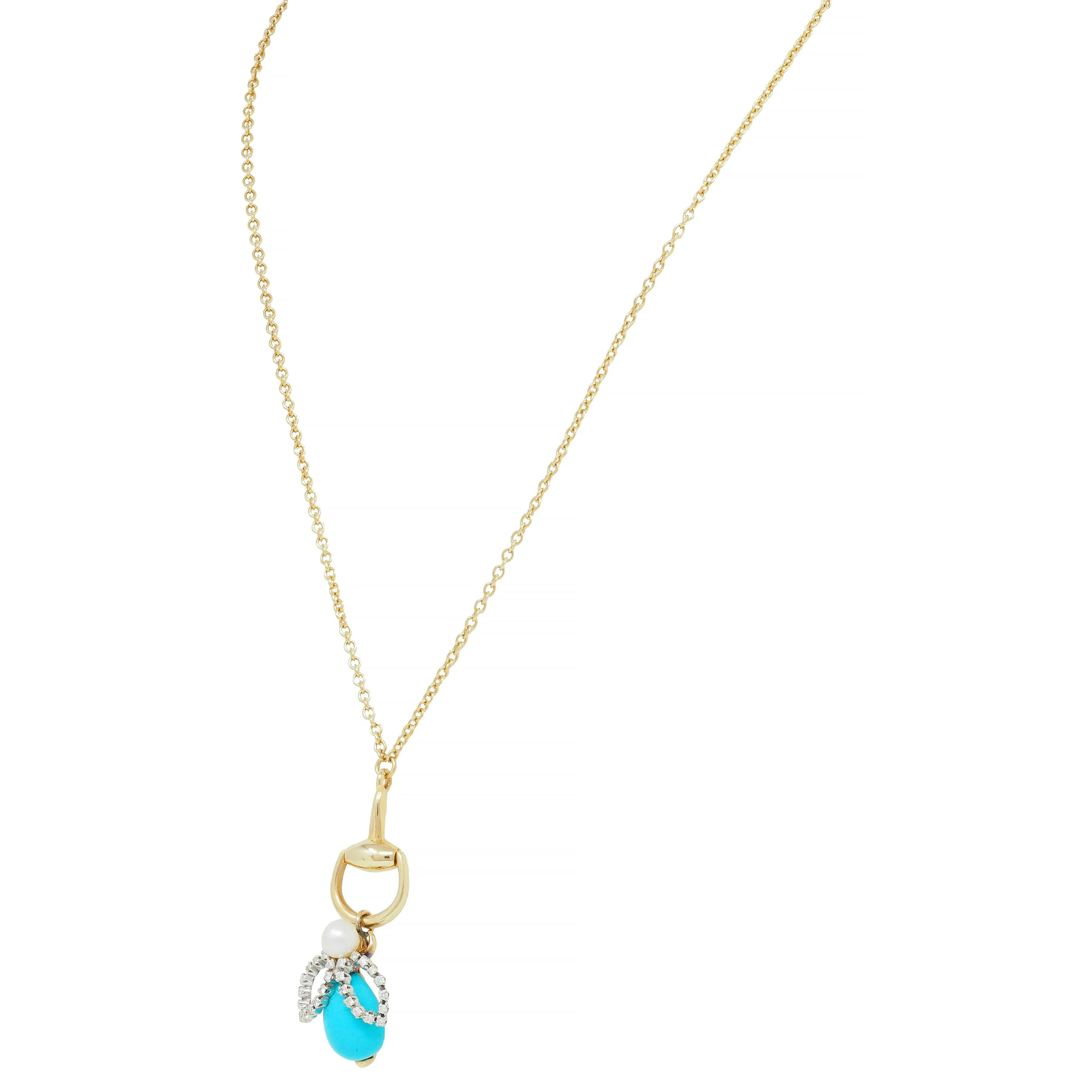 Gucci Turquoise Pearl Diamond Platinum 18 Karat Gold Horsebit Bee Pendant Necklace