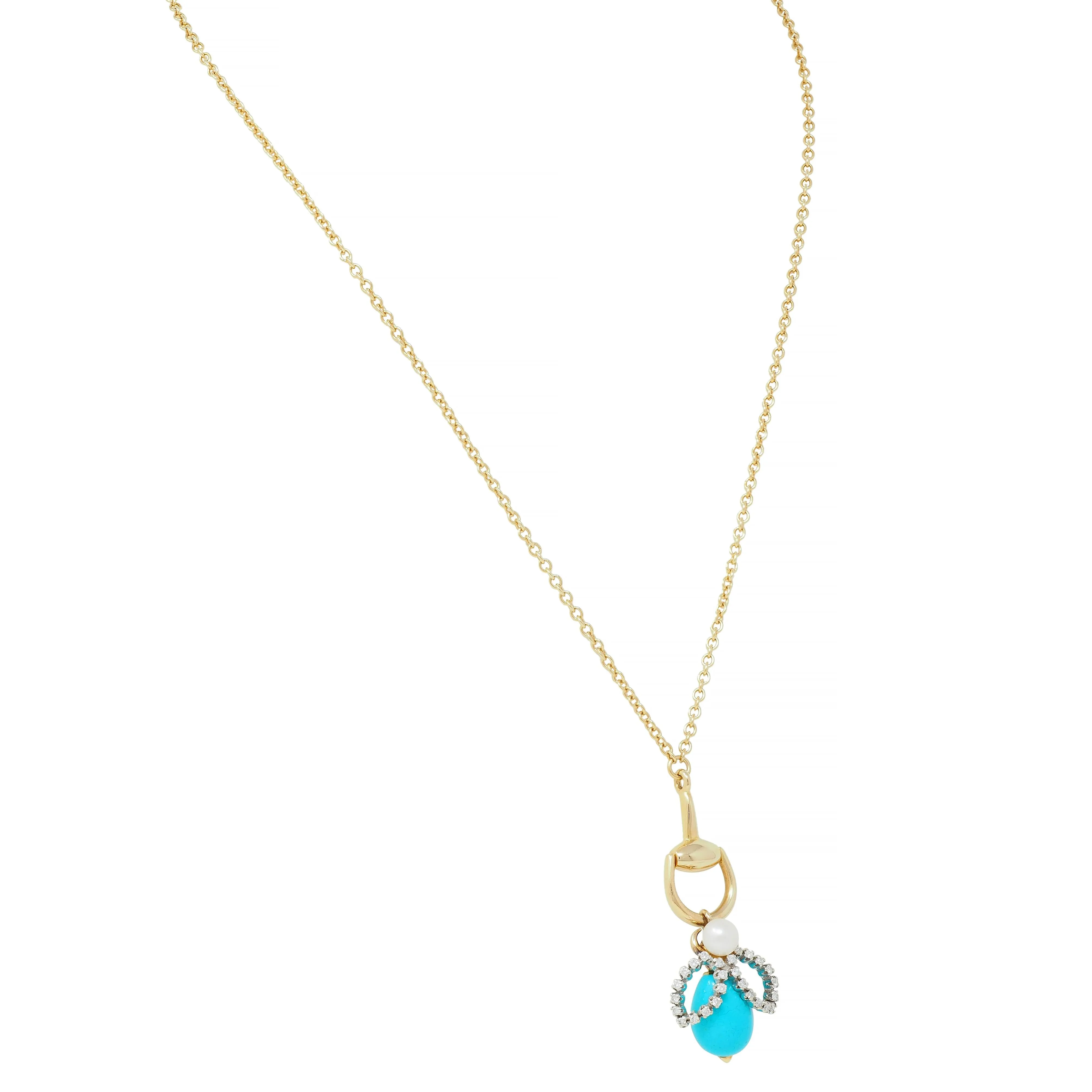 Gucci Turquoise Pearl Diamond Platinum 18 Karat Gold Horsebit Bee Pendant Necklace
