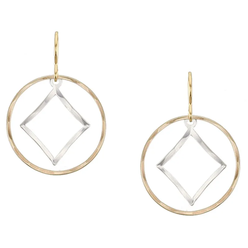Hammered Diamond and Round Rings Wire Earrings