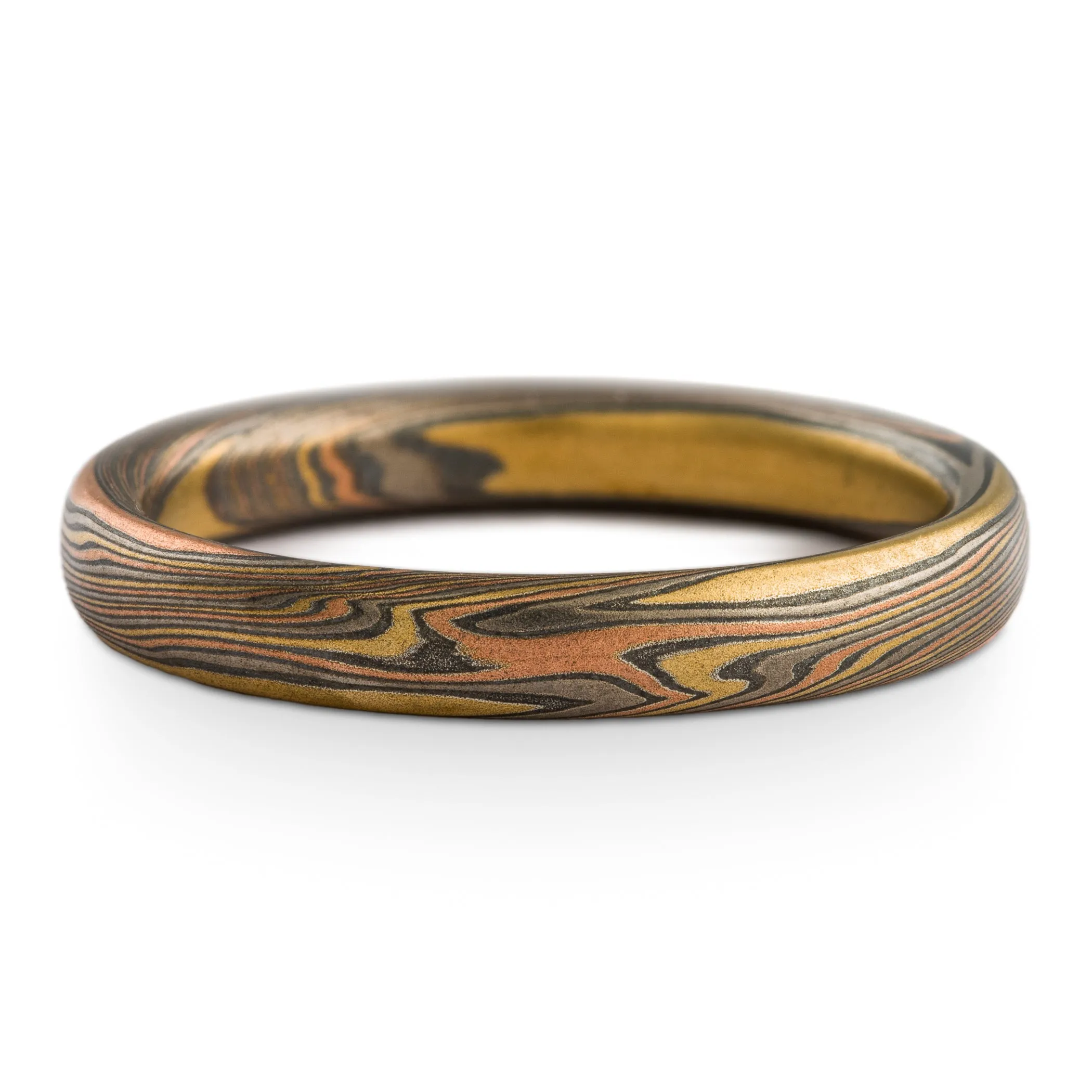 Hand Crafted Mokume Gane Wedding Band Set or Rings in Twist Pattern and Firestorm Palette