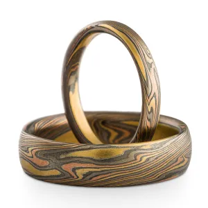Hand Crafted Mokume Gane Wedding Band Set or Rings in Twist Pattern and Firestorm Palette