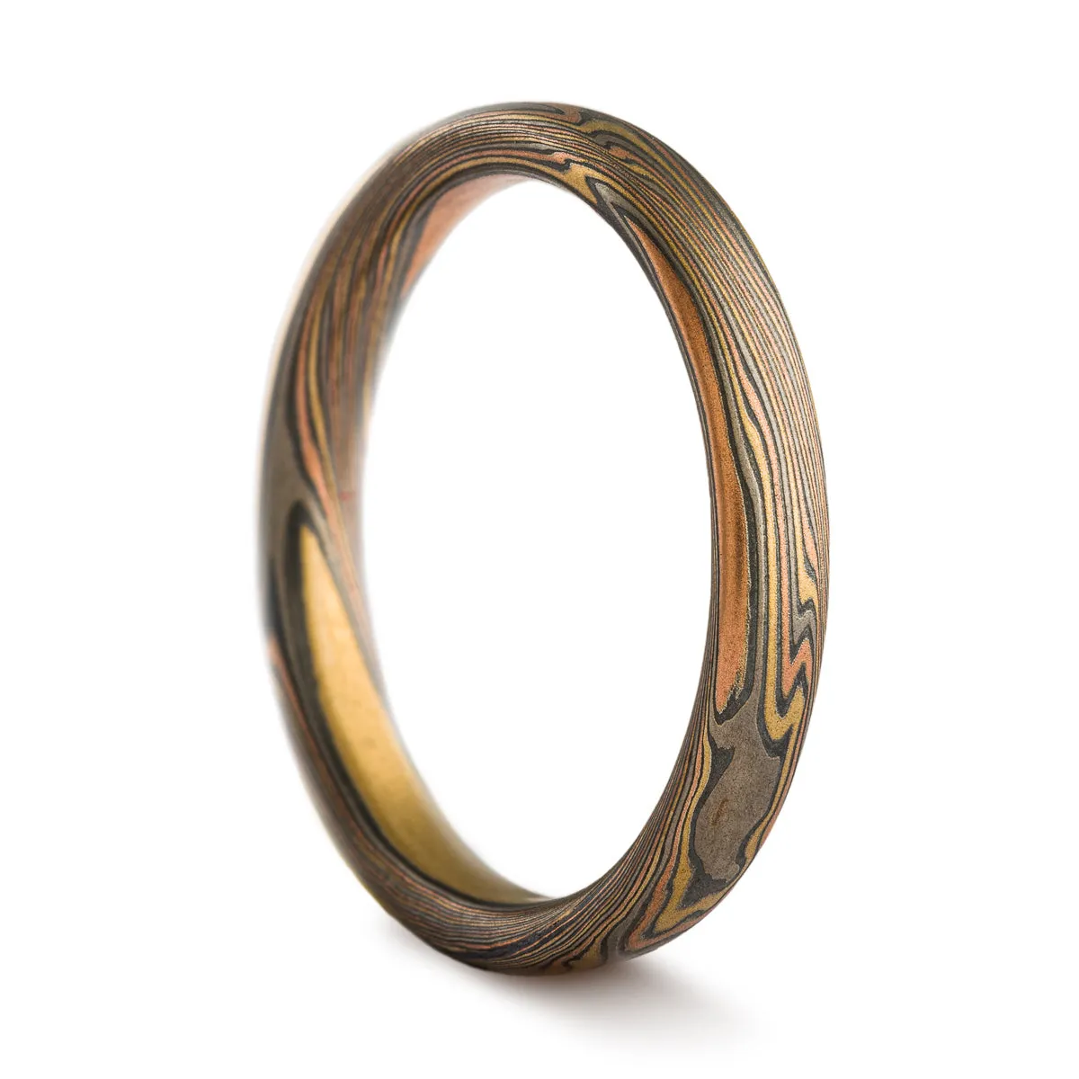 Hand Crafted Mokume Gane Wedding Band Set or Rings in Twist Pattern and Firestorm Palette