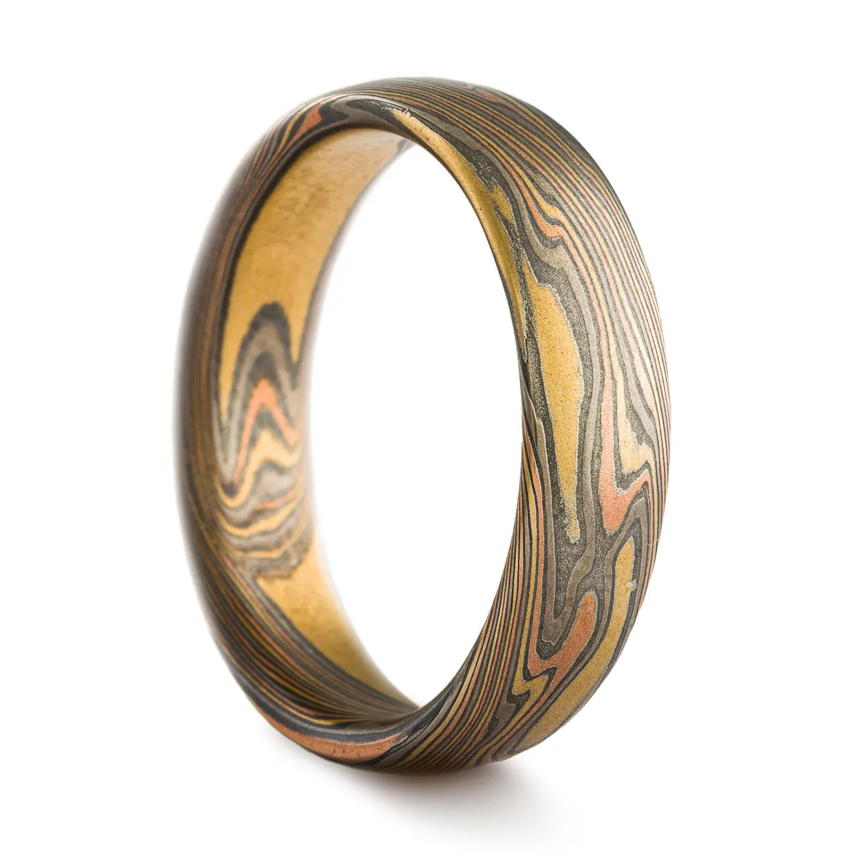 Hand Crafted Mokume Gane Wedding Band Set or Rings in Twist Pattern and Firestorm Palette