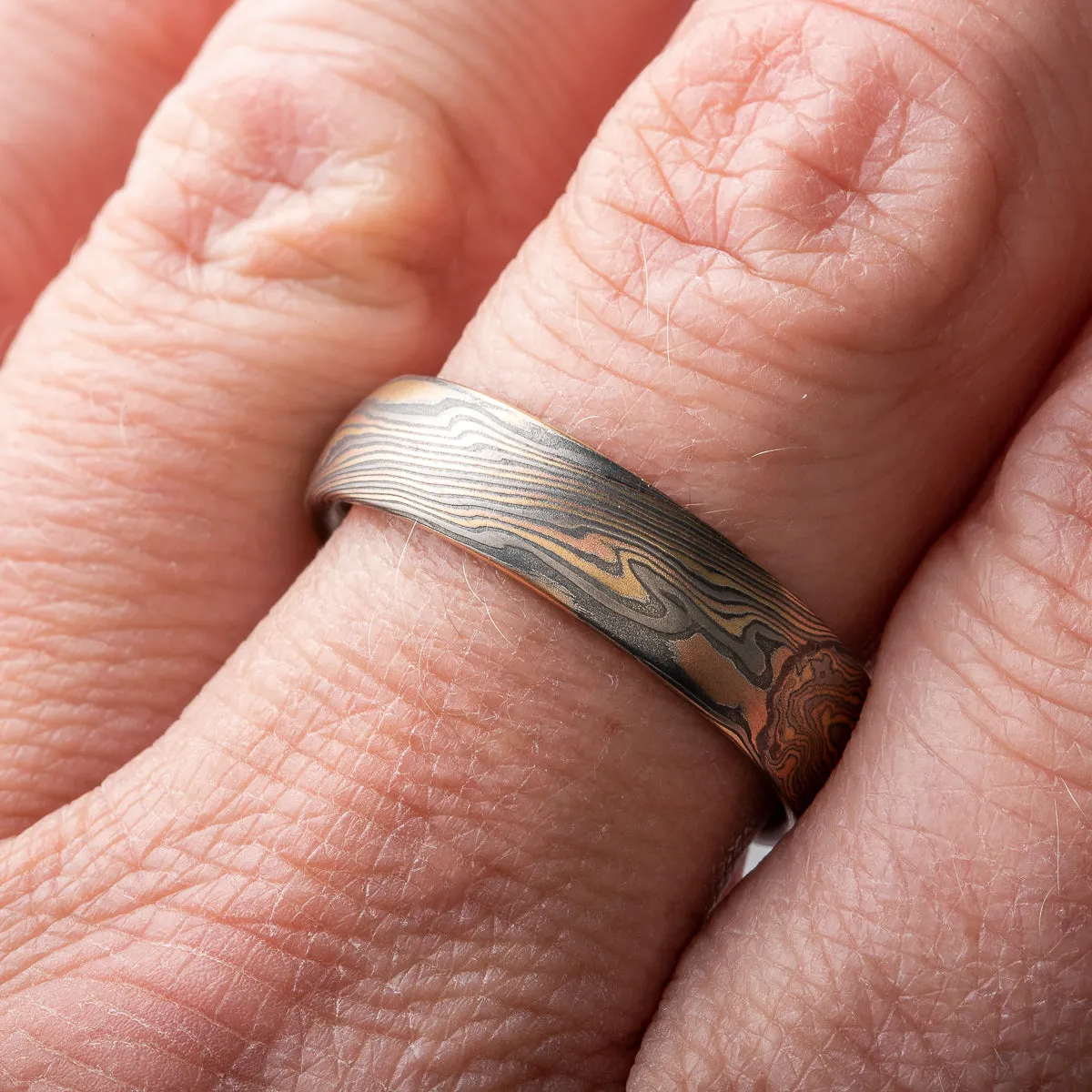 Hand Crafted Mokume Gane Wedding Band Set or Rings in Twist Pattern and Firestorm Palette