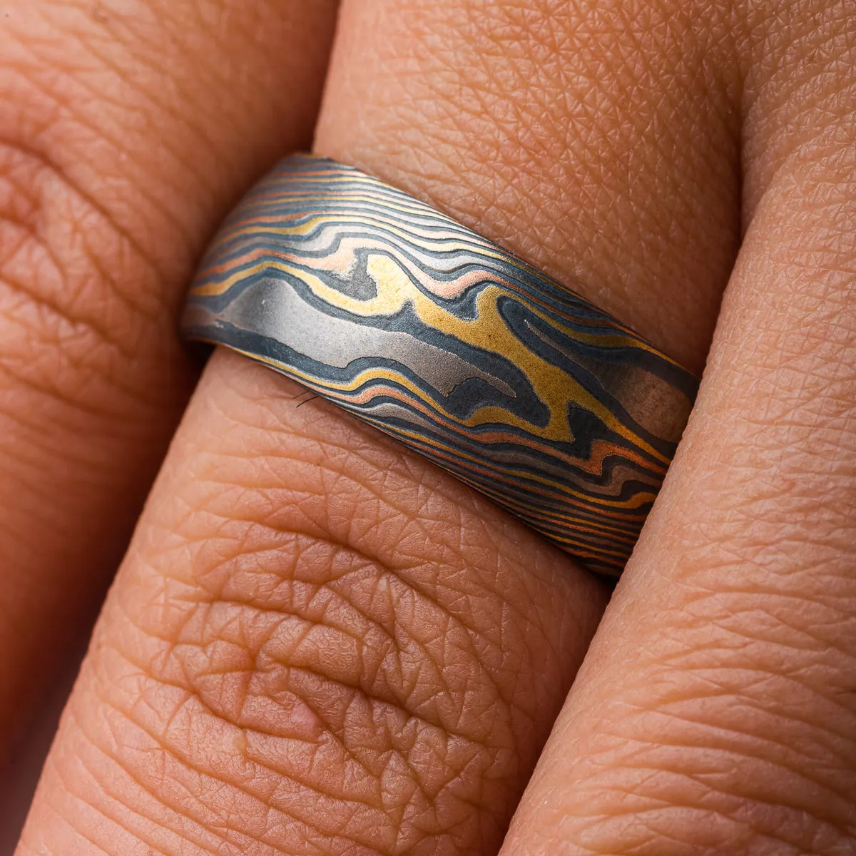 Handcrafted Mokume Gane Ring or Wedding Band in Firestorm Palette and Twist Pattern