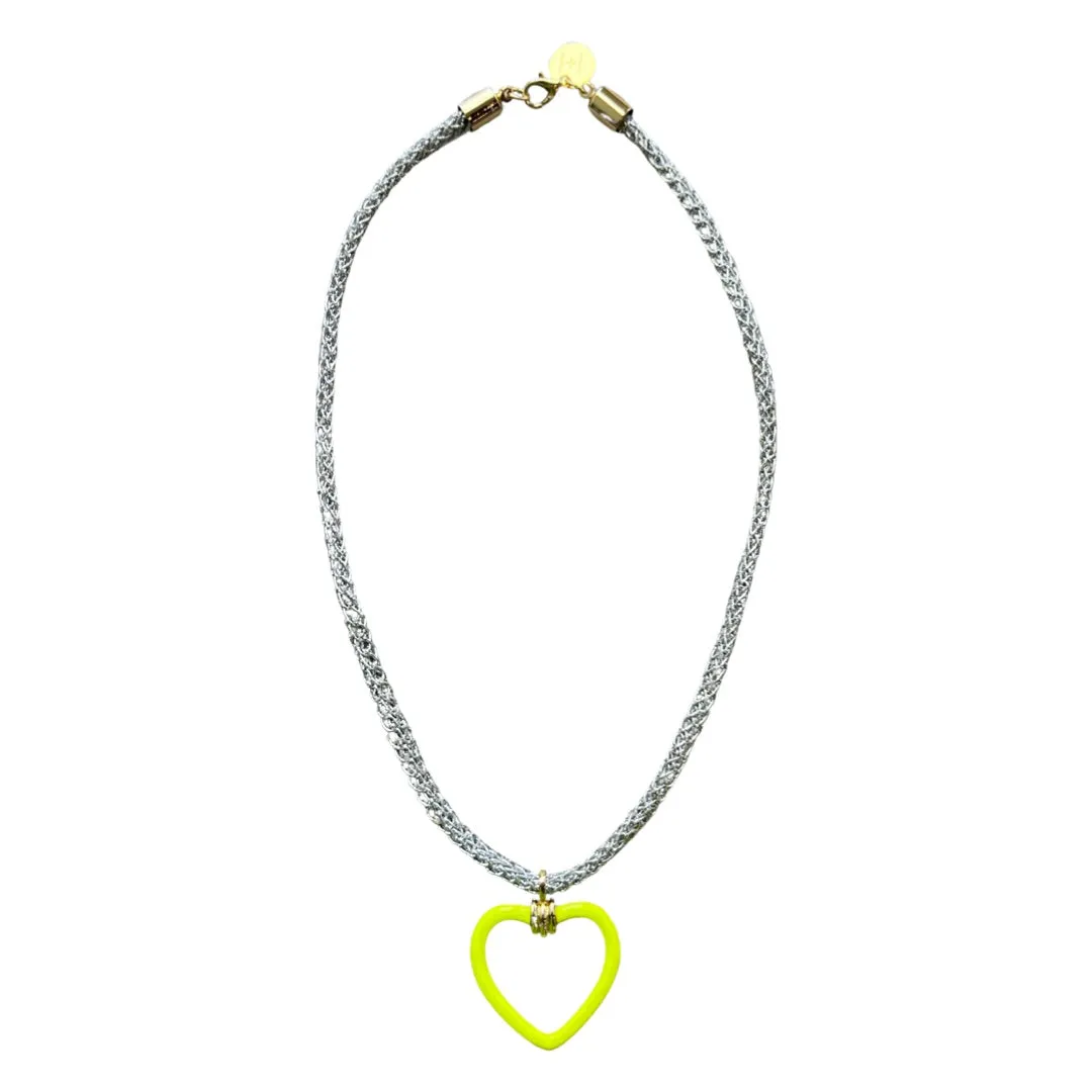 Heart on a String Silver and Neon Yellow