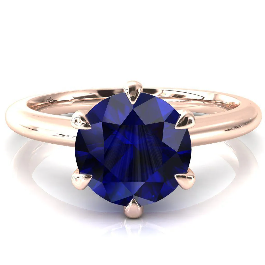 Hennie Round Blue Sapphire 6 Claw Prong High Shoulder Solitaire Ring