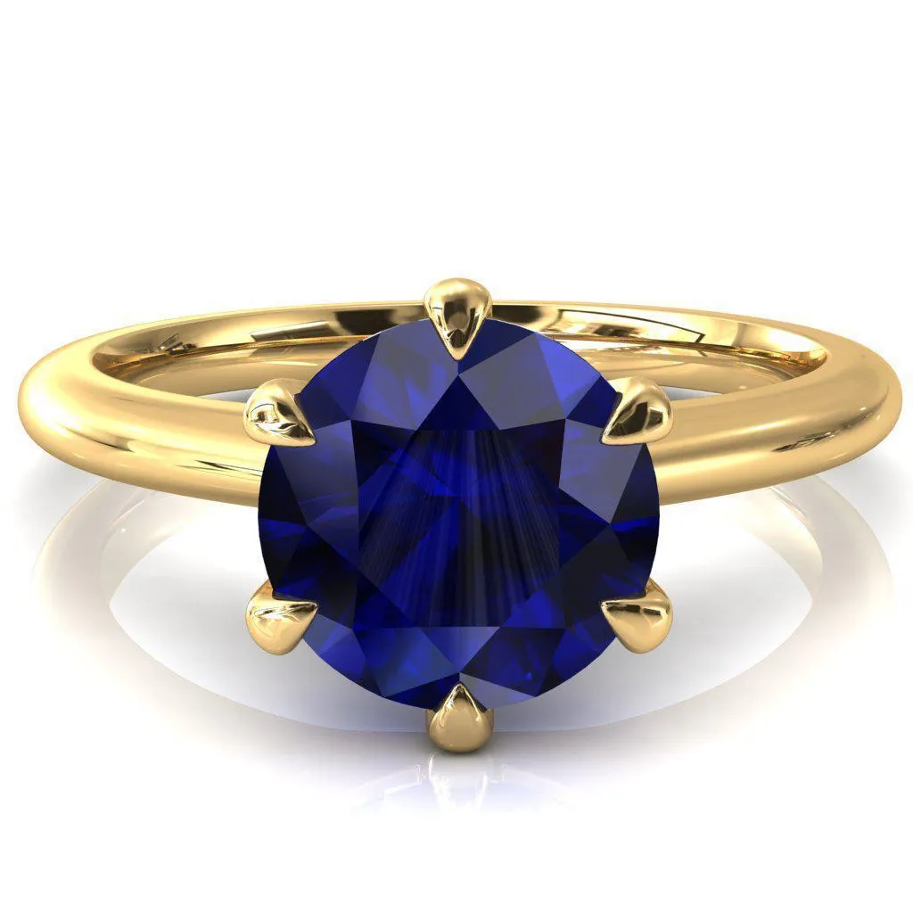 Hennie Round Blue Sapphire 6 Claw Prong High Shoulder Solitaire Ring