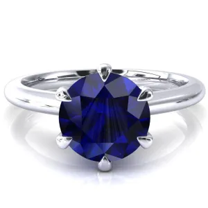 Hennie Round Blue Sapphire 6 Claw Prong High Shoulder Solitaire Ring