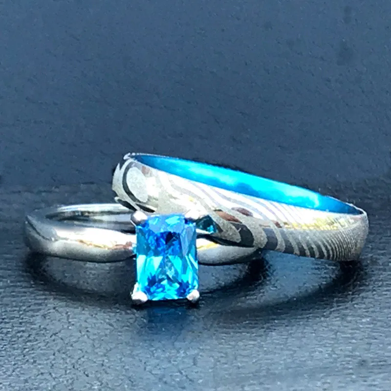 His and Her Blue Damascus Ring Set Damascus Steel Wedding Rings Set