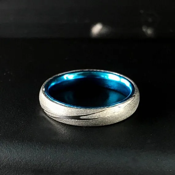 His and Her Blue Damascus Ring Set Damascus Steel Wedding Rings Set