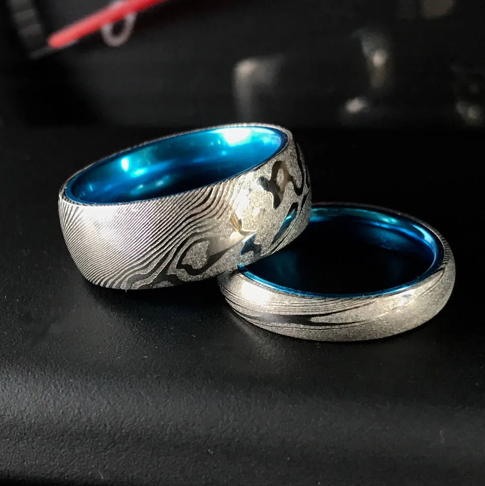 His and Her Blue Damascus Ring Set Damascus Steel Wedding Rings Set