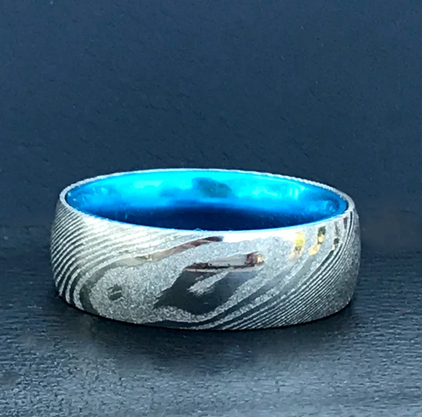 His and Her Blue Damascus Ring Set Damascus Steel Wedding Rings Set