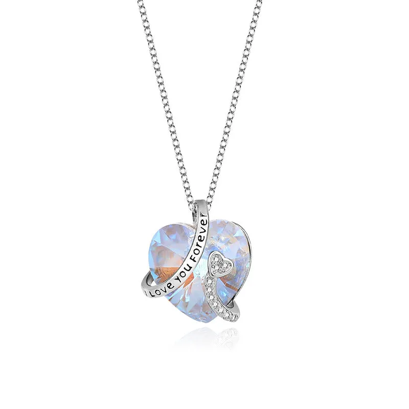 I Love You Forever Sterling Silver Colorful Cubic Zirconia Heart Pendant Necklaces