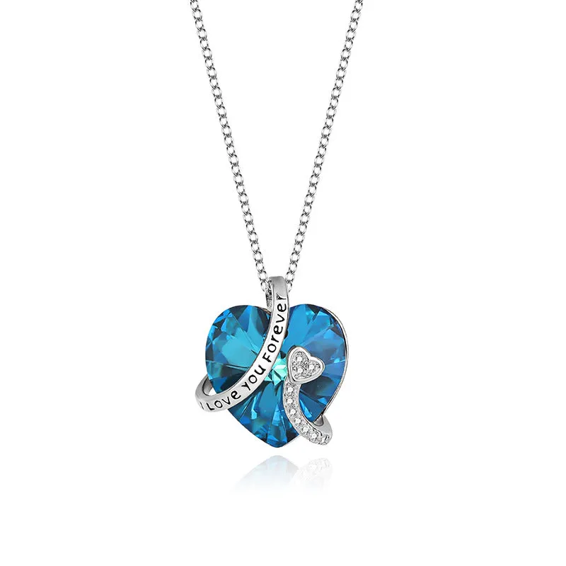 I Love You Forever Sterling Silver Colorful Cubic Zirconia Heart Pendant Necklaces