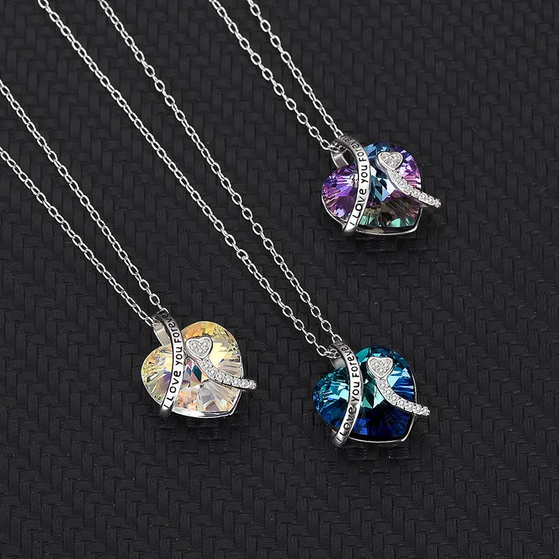 I Love You Forever Sterling Silver Colorful Cubic Zirconia Heart Pendant Necklaces