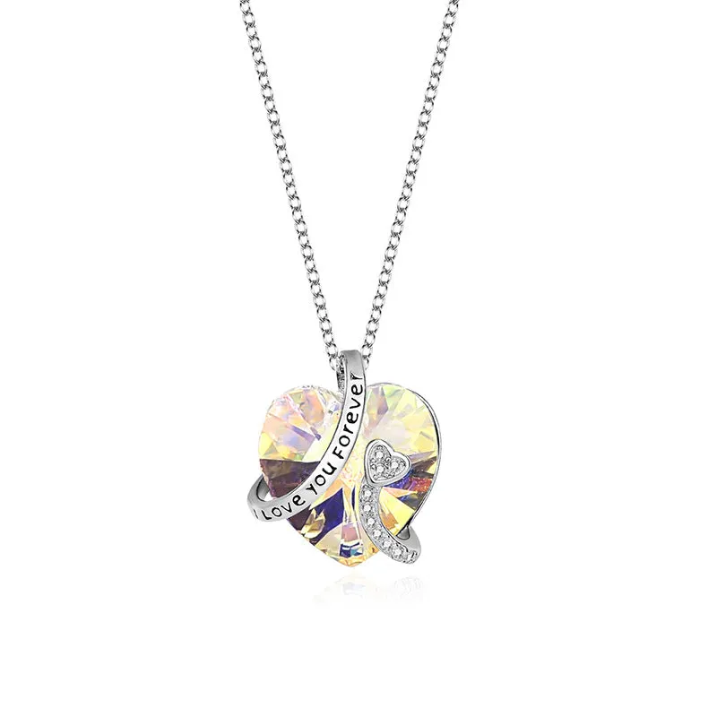 I Love You Forever Sterling Silver Colorful Cubic Zirconia Heart Pendant Necklaces