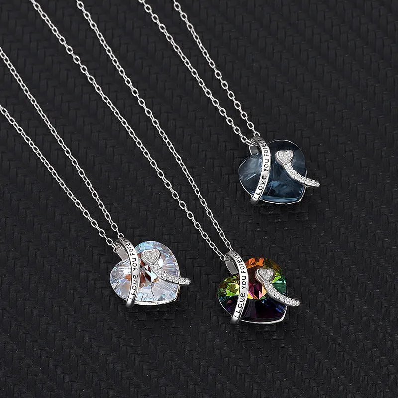 I Love You Forever Sterling Silver Colorful Cubic Zirconia Heart Pendant Necklaces