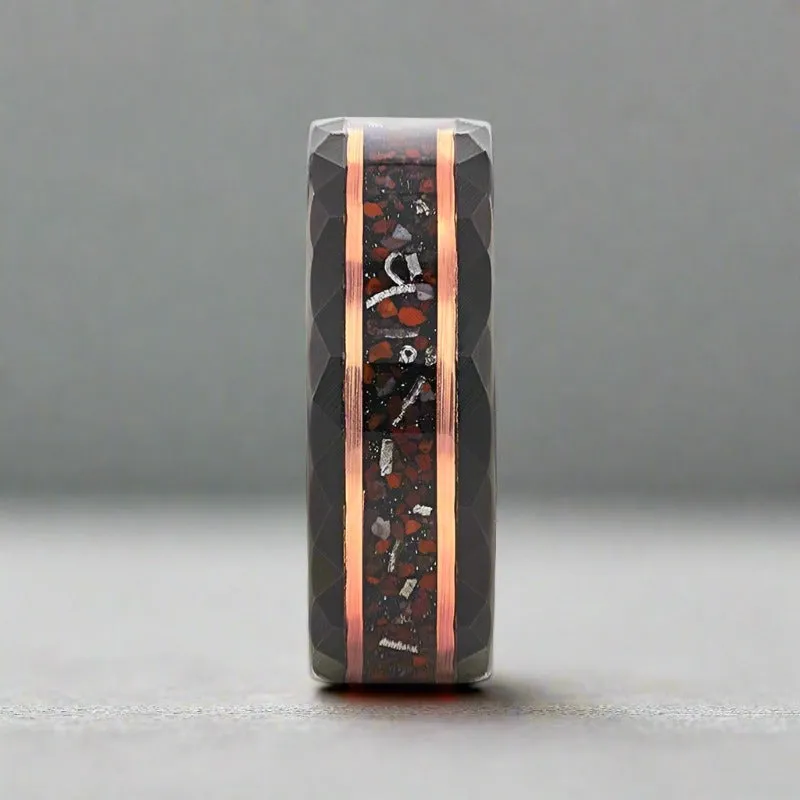 INFERNO | Black Tungsten Ring, Hammered, Dinosaur & Meteorite Inlay