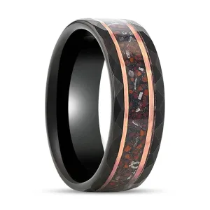 INFERNO | Black Tungsten Ring, Hammered, Dinosaur & Meteorite Inlay