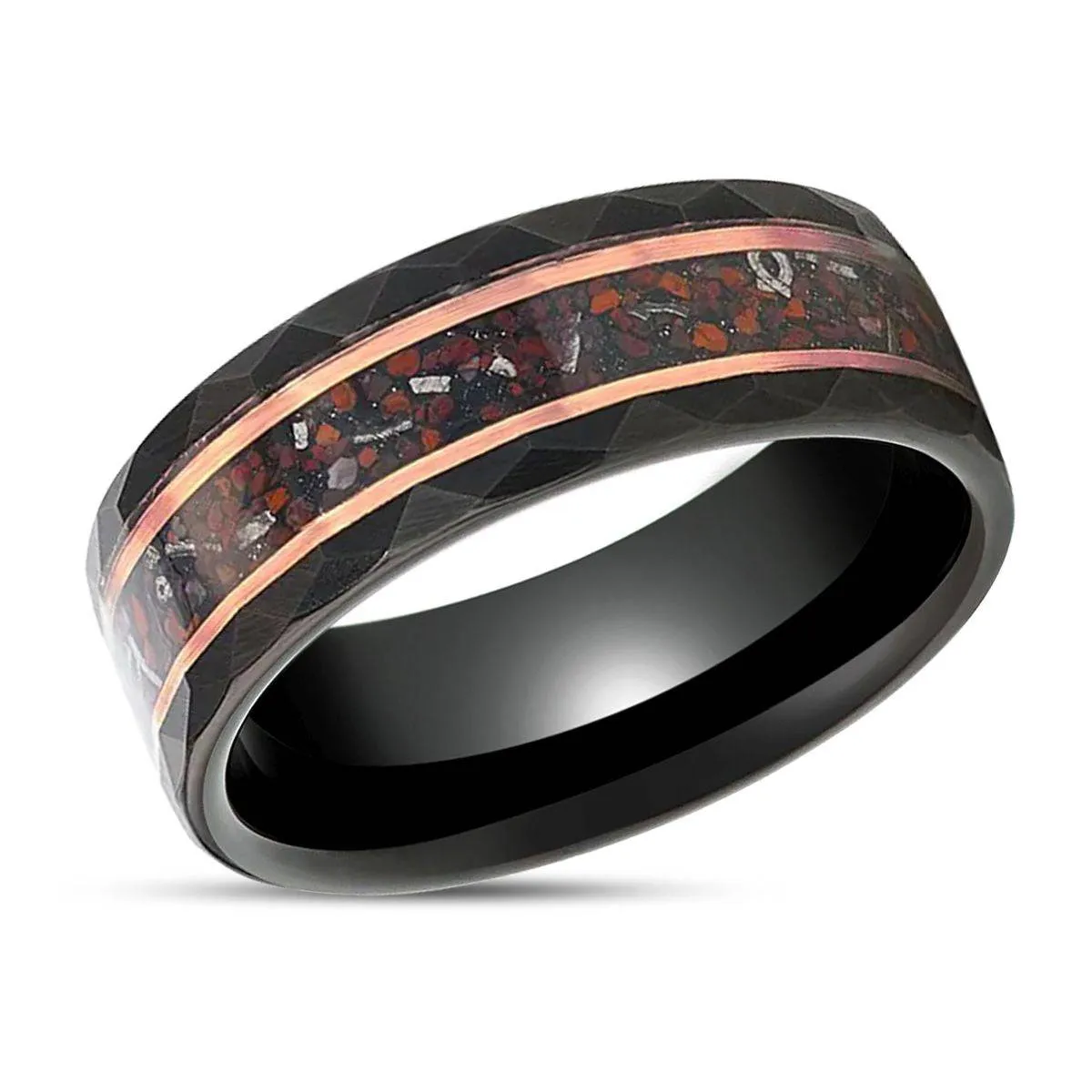 INFERNO | Black Tungsten Ring, Hammered, Dinosaur & Meteorite Inlay