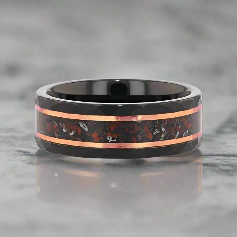 INFERNO | Black Tungsten Ring, Hammered, Dinosaur & Meteorite Inlay