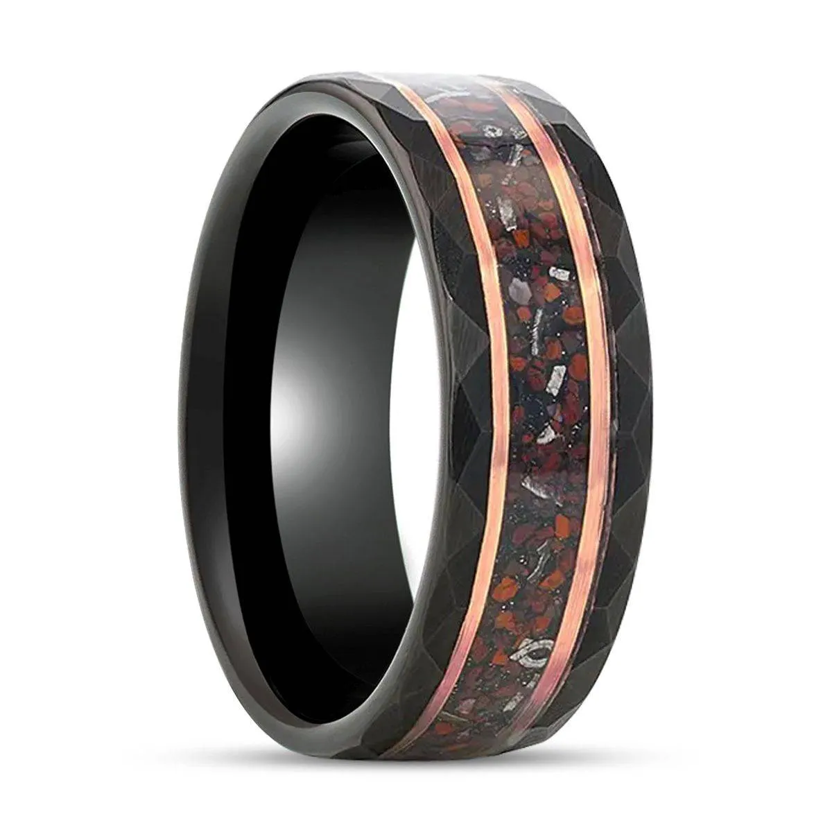INFERNO | Black Tungsten Ring, Hammered, Dinosaur & Meteorite Inlay