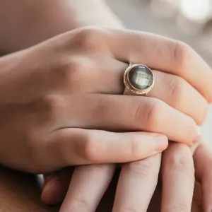 Labradorite Mixed Metal Ring 5.8 Carat Natural Green Labradorite Gemstone Two Tone Solid 9k Yellow Gold & 925 Sterling Silver Solitaire Ring