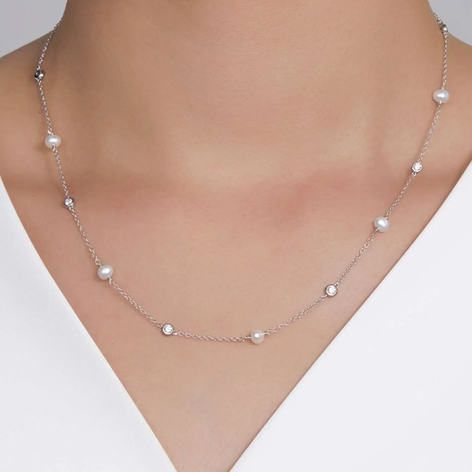 Lafonn Bezel Set Freshwater Cultured Pearl & Simulated Diamond Necklace