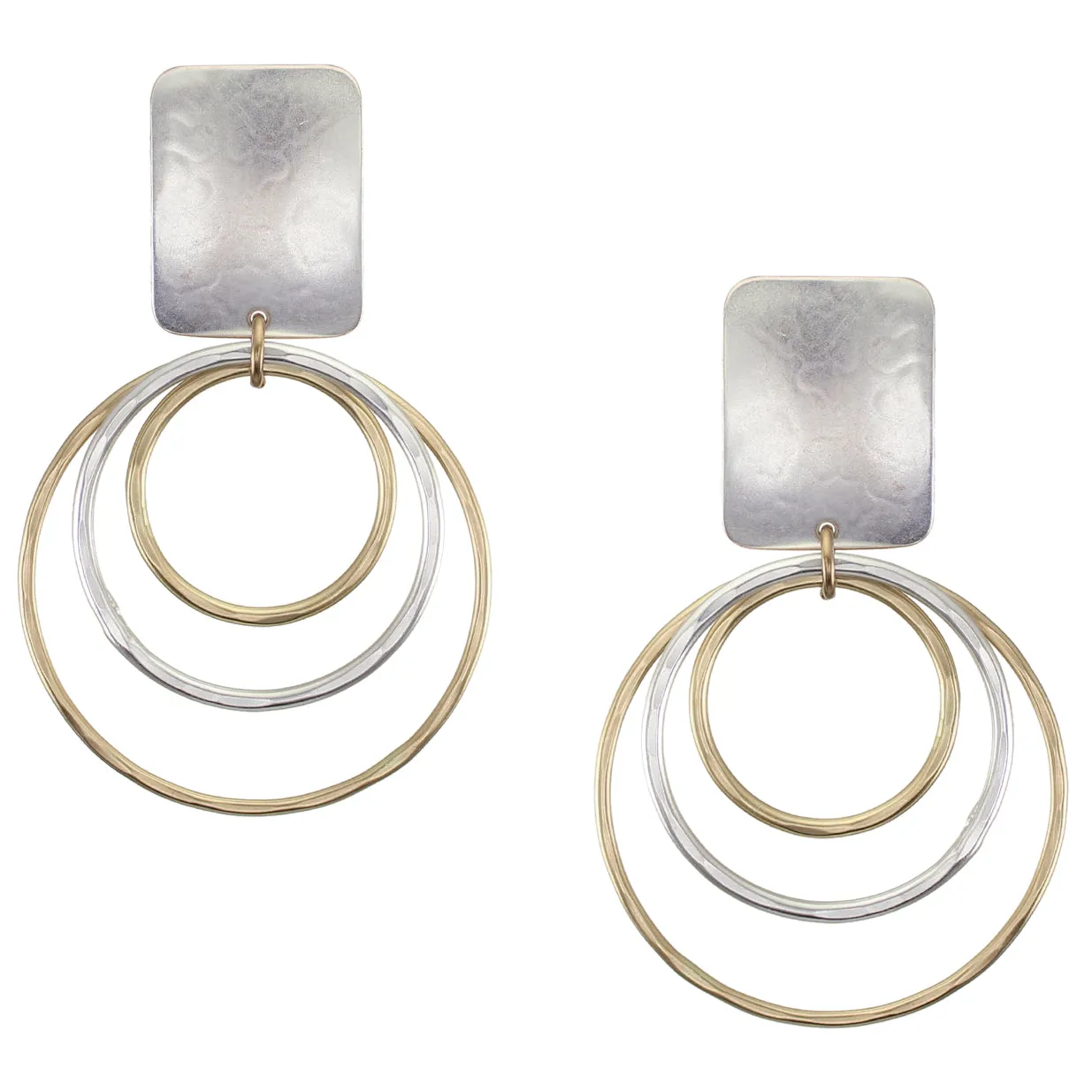 Large Rectangle with Hammered Rings Clip or Post Earrings
