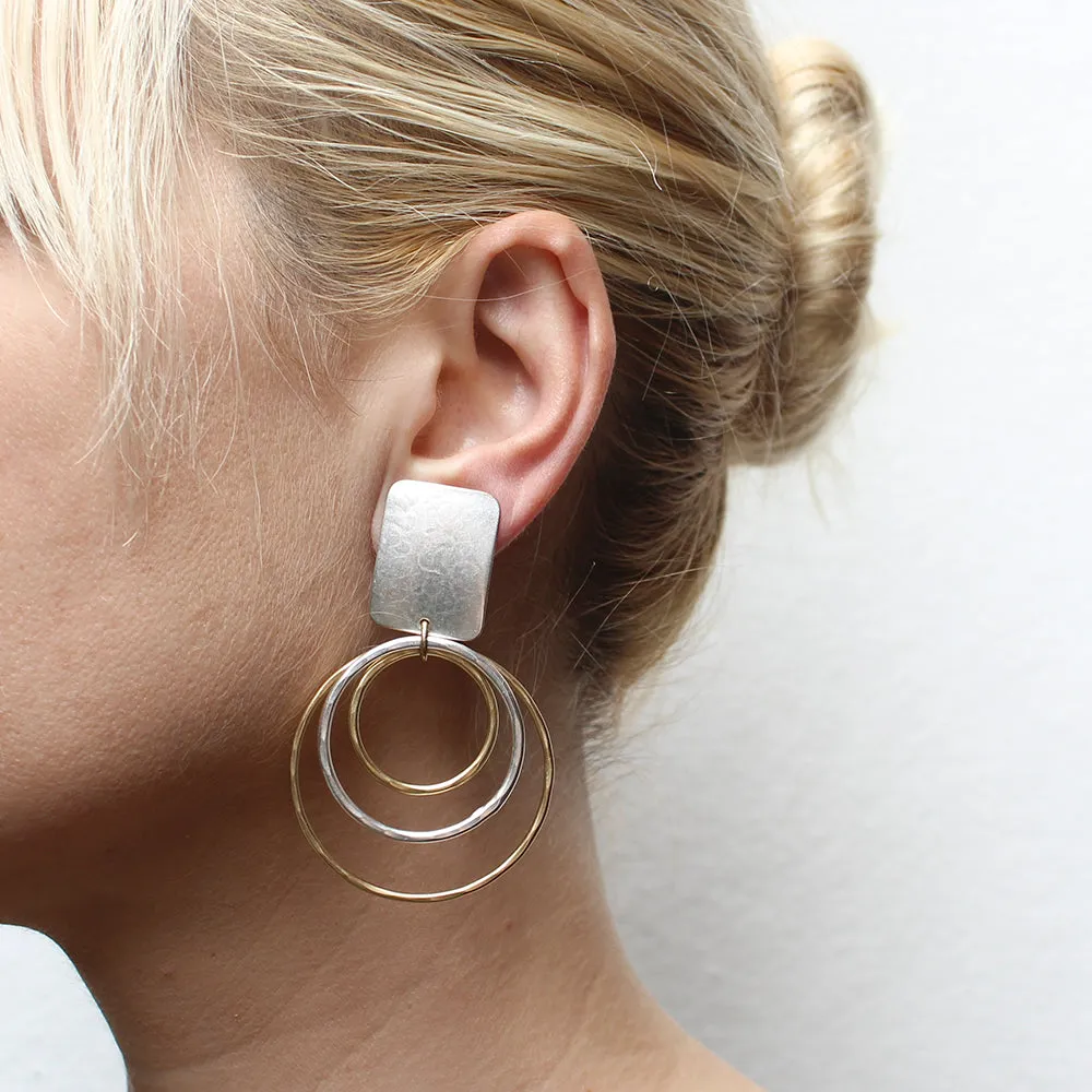 Large Rectangle with Hammered Rings Clip or Post Earrings