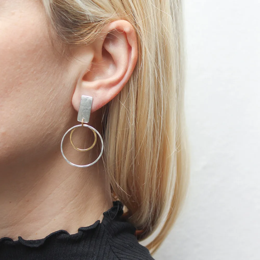 Large Rectangle with Hammered Rings Post Earrings