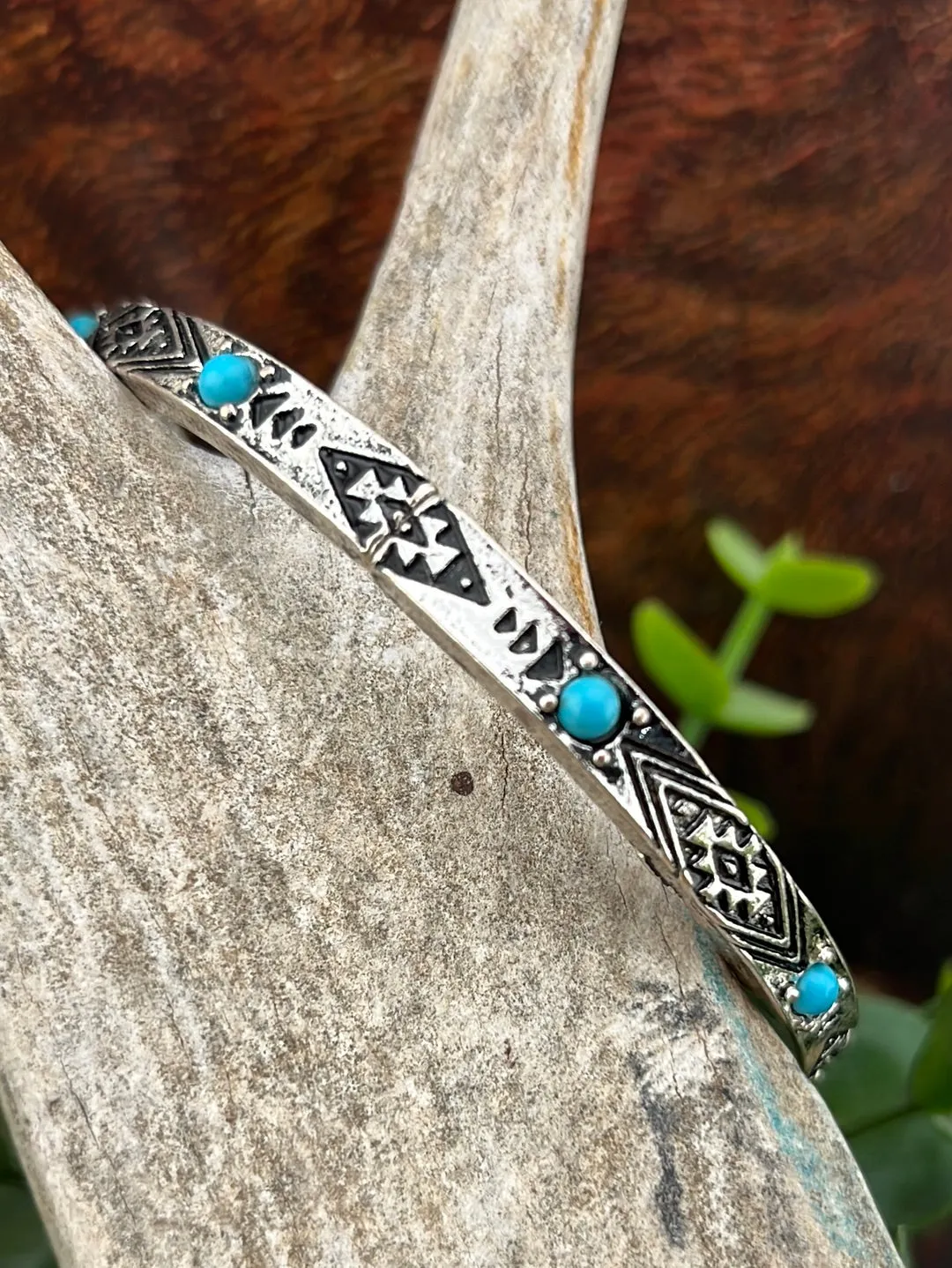 Leroy Stamped Silver Stackable Stretch Bracelets - Turquoise