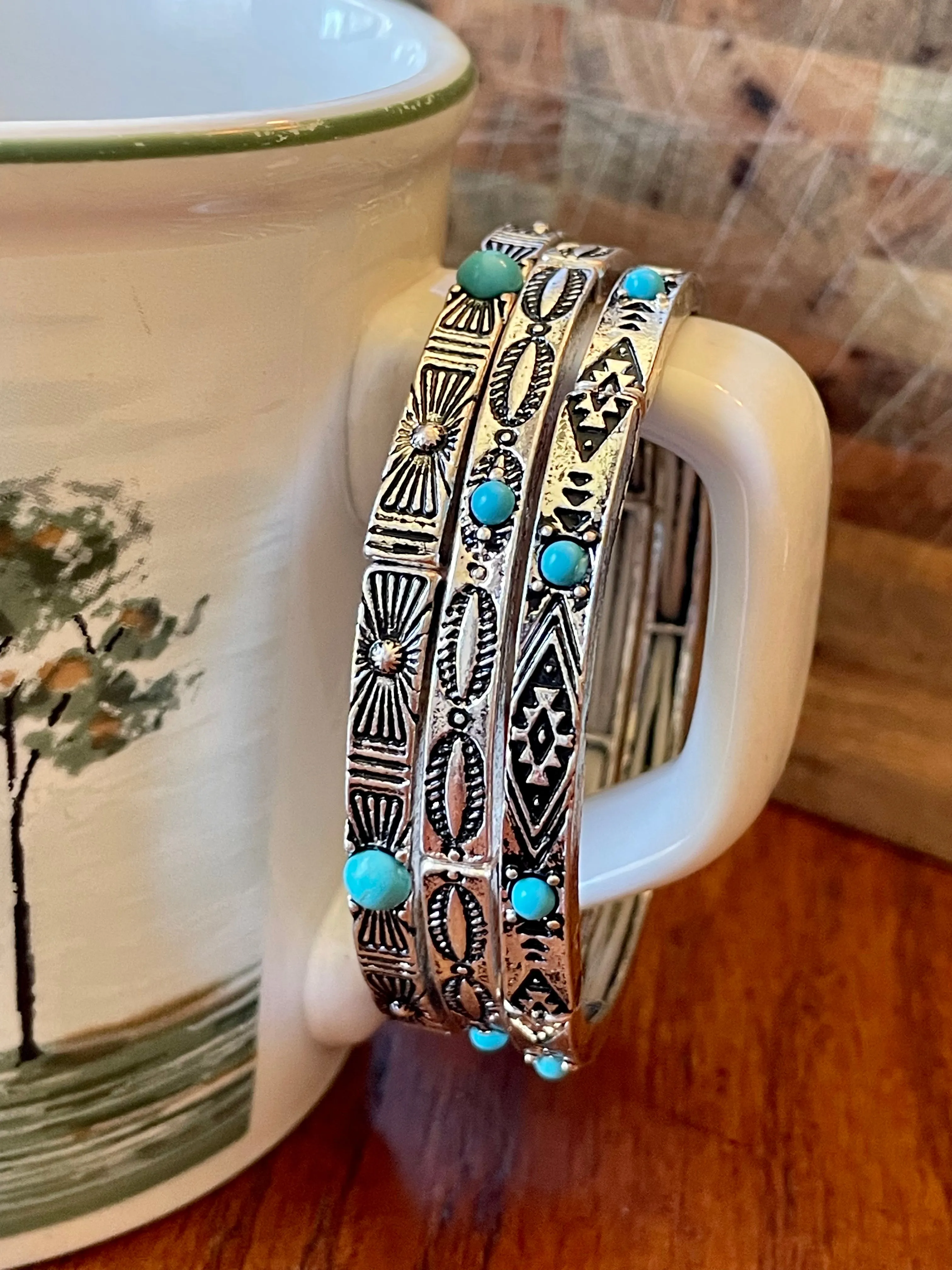 Leroy Stamped Silver Stackable Stretch Bracelets - Turquoise