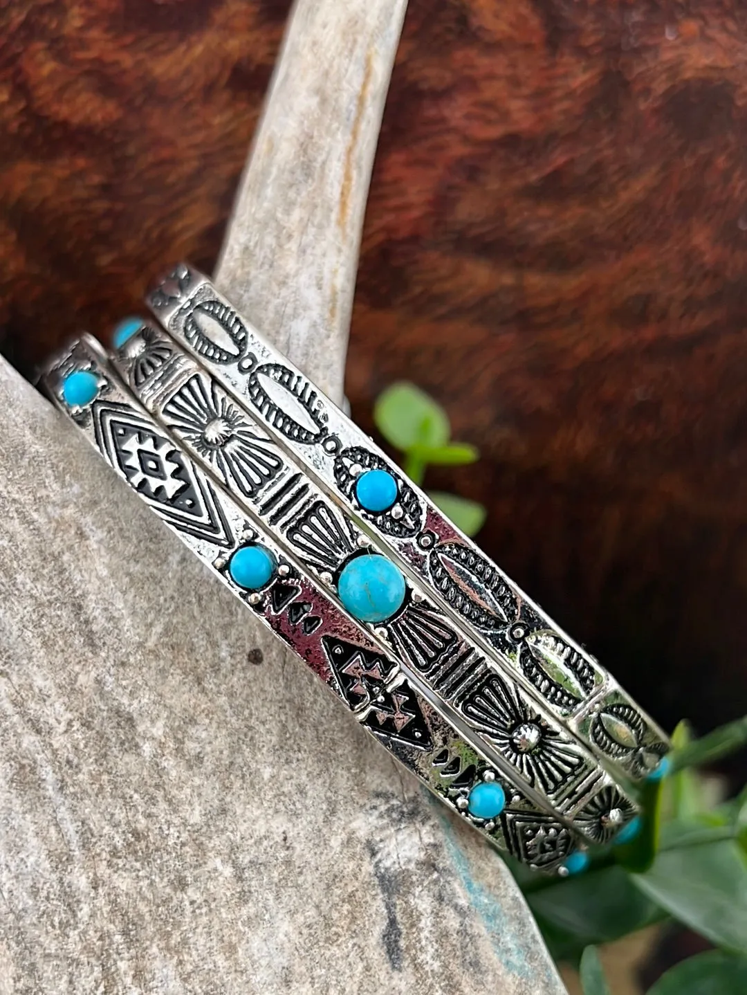 Leroy Stamped Silver Stackable Stretch Bracelets - Turquoise