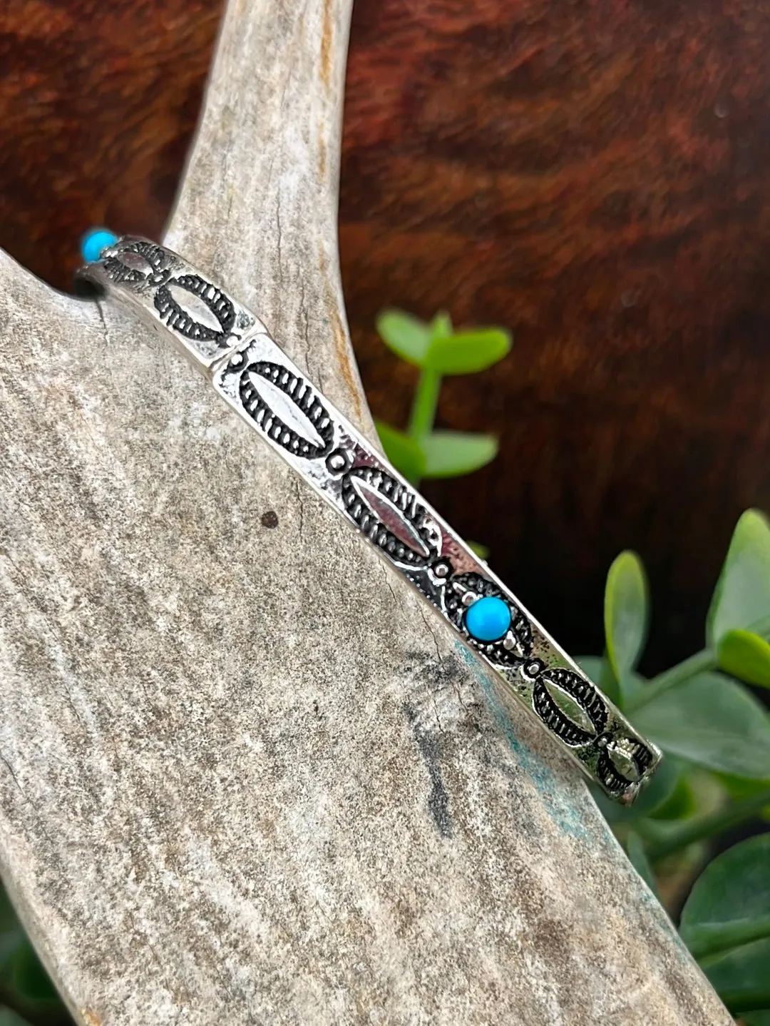 Leroy Stamped Silver Stackable Stretch Bracelets - Turquoise