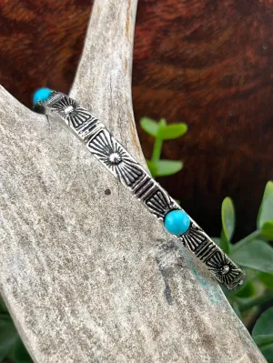 Leroy Stamped Silver Stackable Stretch Bracelets - Turquoise