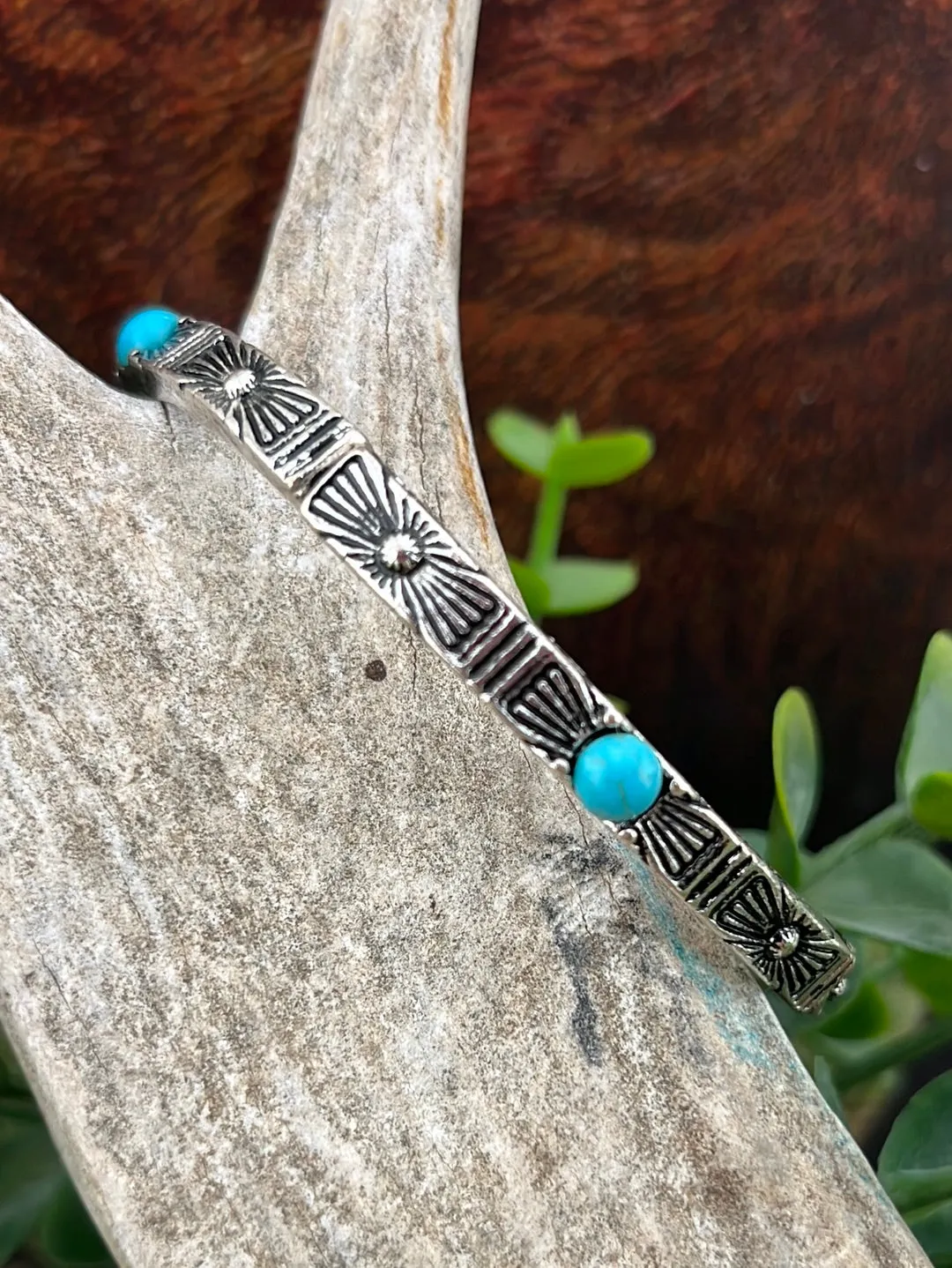 Leroy Stamped Silver Stackable Stretch Bracelets - Turquoise