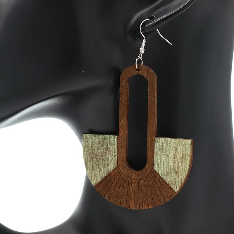 Light Green Long Oval Fan Wooden Earrings