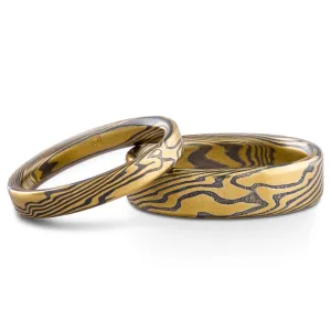 Lively Twist Pattern Mokume Gane Ring Wedding Band Set in Oxidized Spark Palette