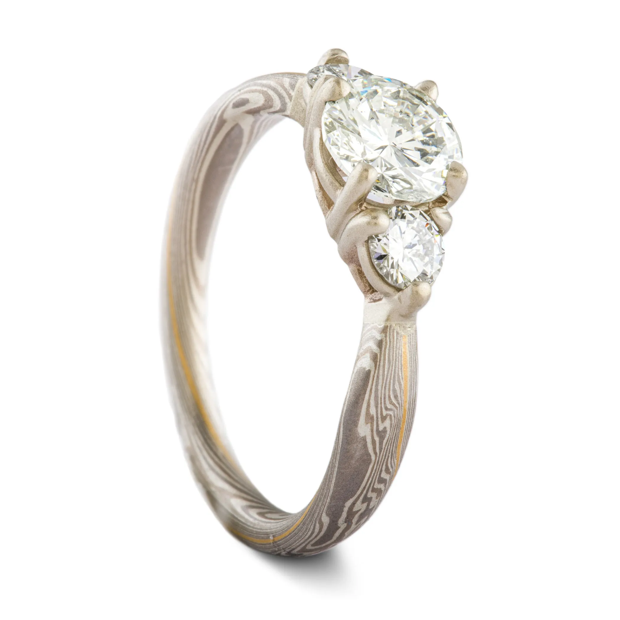 Luxurious Mokume Gane Wedding Ring Set in Custom Smoke Palette and Twist Pattern with 22k Gold Stratum
