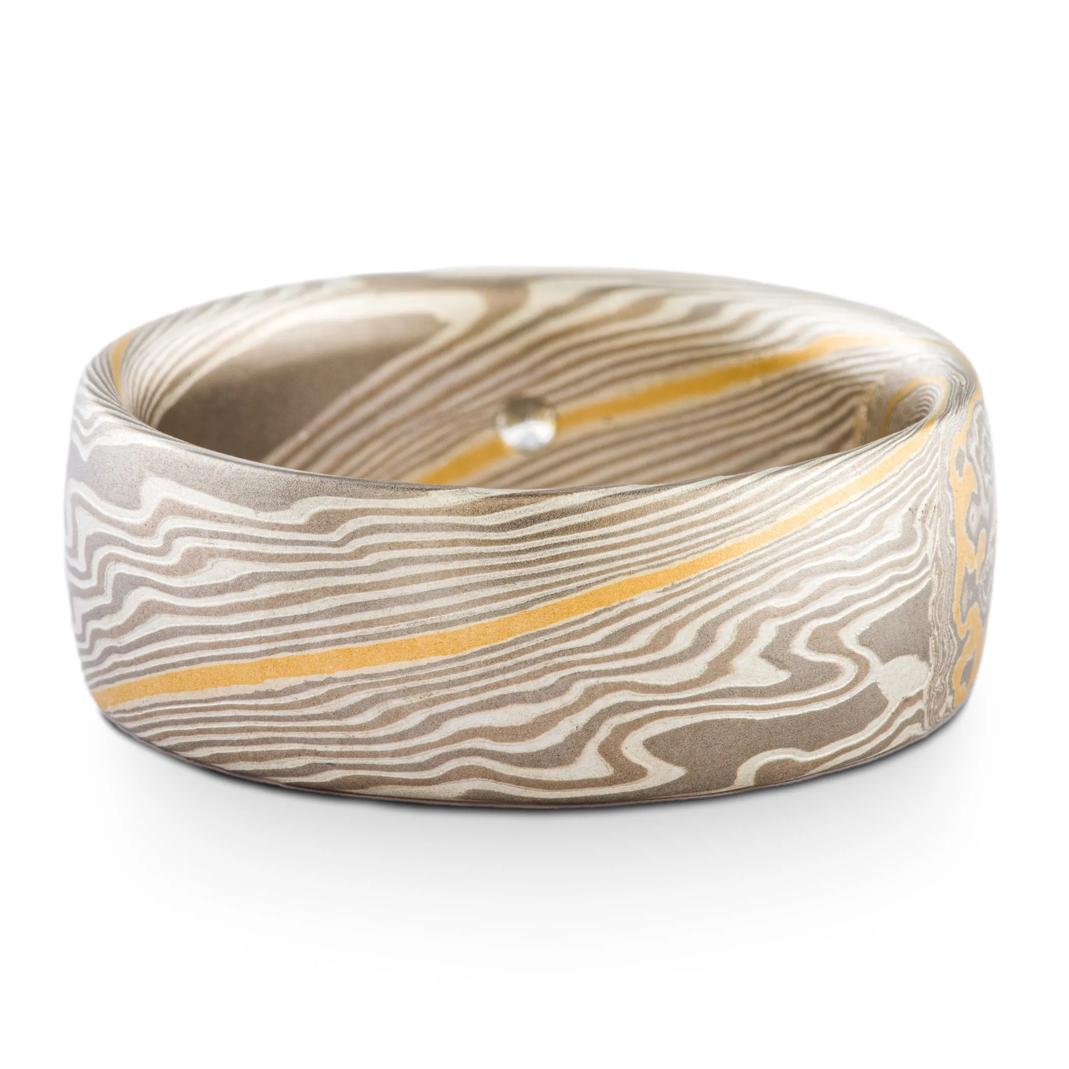 Luxurious Mokume Gane Wedding Ring Set in Custom Smoke Palette and Twist Pattern with 22k Gold Stratum