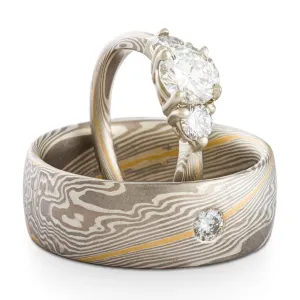 Luxurious Mokume Gane Wedding Ring Set in Custom Smoke Palette and Twist Pattern with 22k Gold Stratum