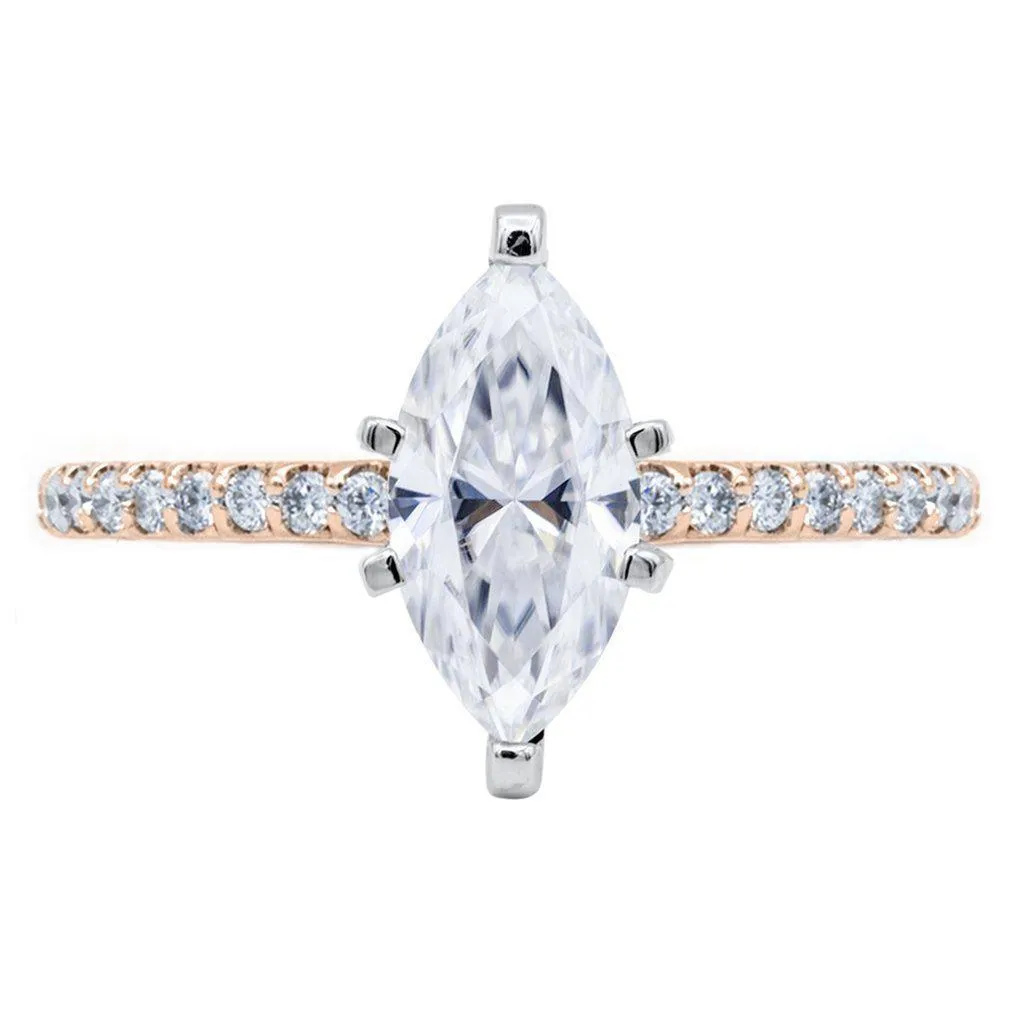 Marquise Moissanite 6 Prongs Diamond Accent Ice Cathedral Solitaire Ring